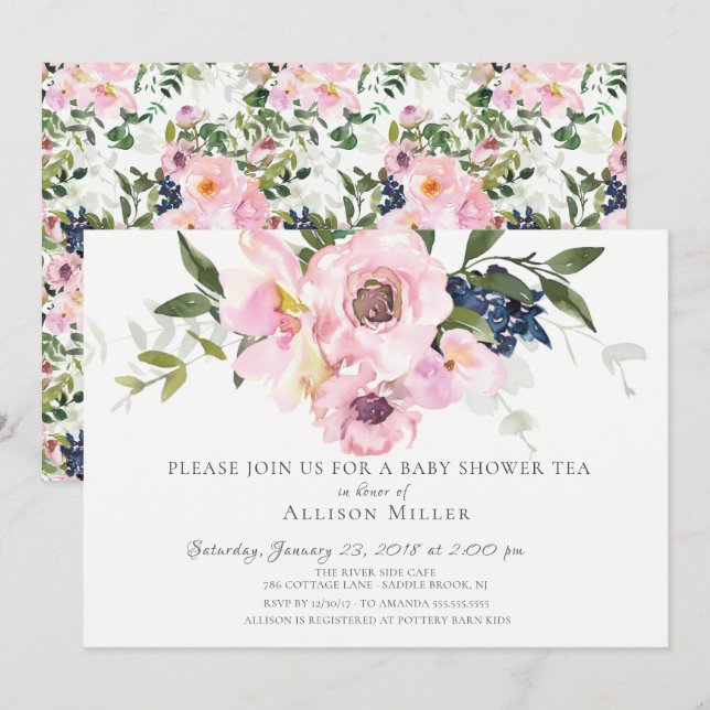 Blush Roses & Peonies Baby Tea Party Invitation (Front/Back)