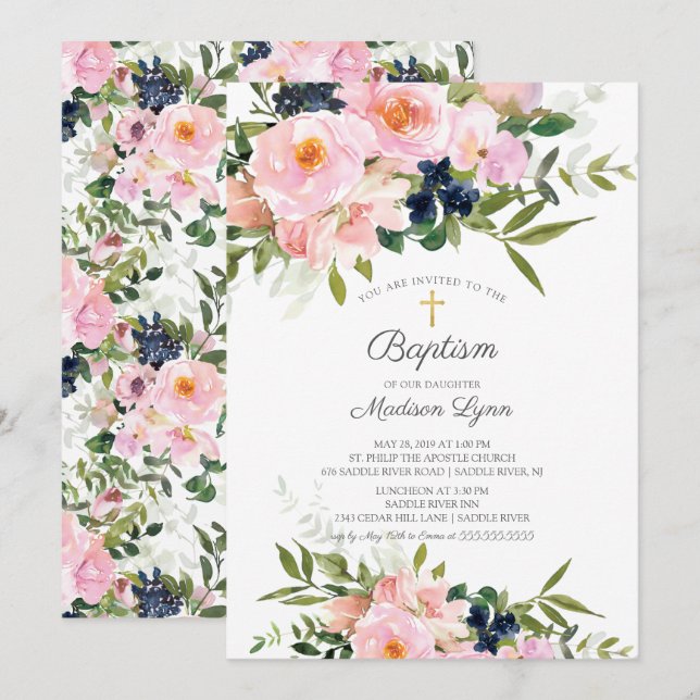 Blush Roses & Peonies Baptism Invitation (Front/Back)