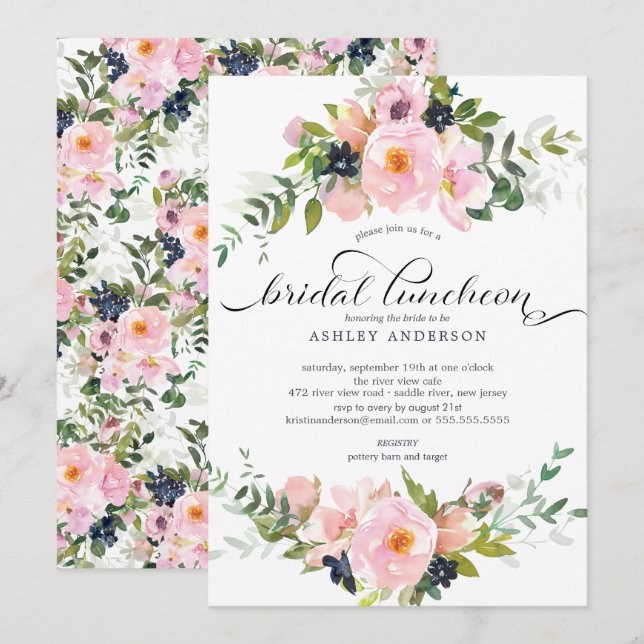 Blush Roses & Peonies Bridal Luncheon Invitation (Front/Back)