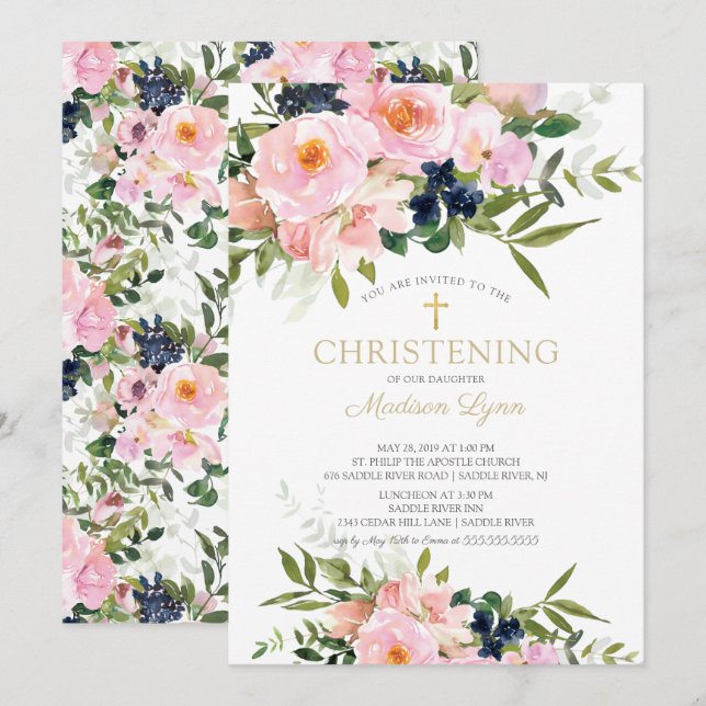 Blush Roses & Peonies Christening Invitation (Front/Back)