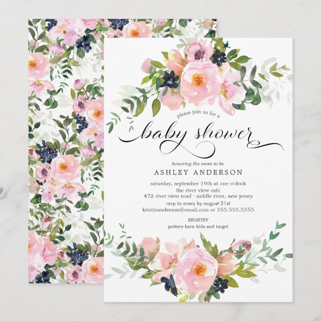 Blush Roses & Peonies Floral Baby Shower Invitation (Front/Back)