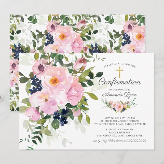 Blush Roses & Peonies Floral Confirmation Invitation (Front/Back)