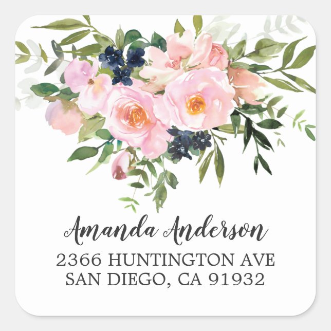 Blush Roses & Peonies Floral Return Address Square Sticker (Front)