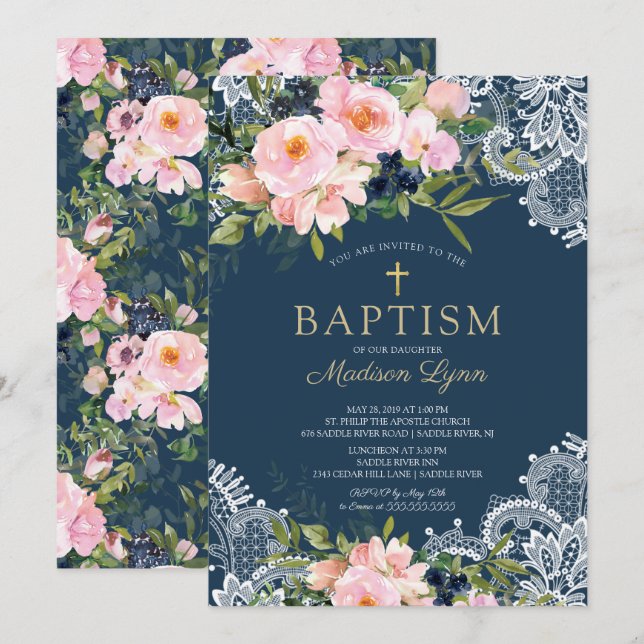 Blush Roses & Peonies Lace Baptism Invitation (Front/Back)