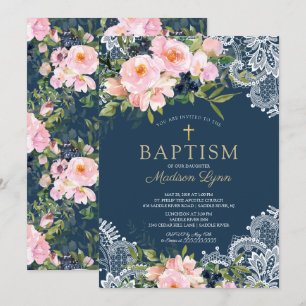 Blush Roses & Peonies Lace Baptism Invitation