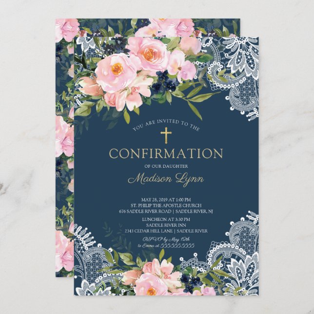Blush Roses & Peonies Lace Confirmation Invitation (Front/Back)