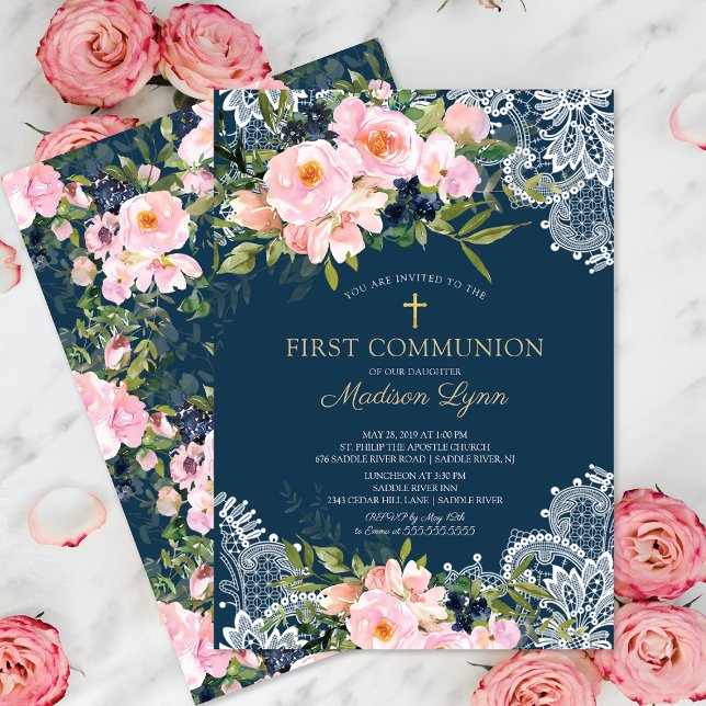 Blush Roses & Peonies Lace First Communion Invitation (Creator Uploaded)