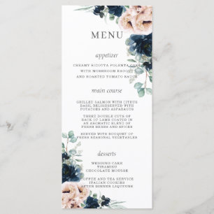 Blush Roses Poppies Navy Blue Floral Wedding Menu