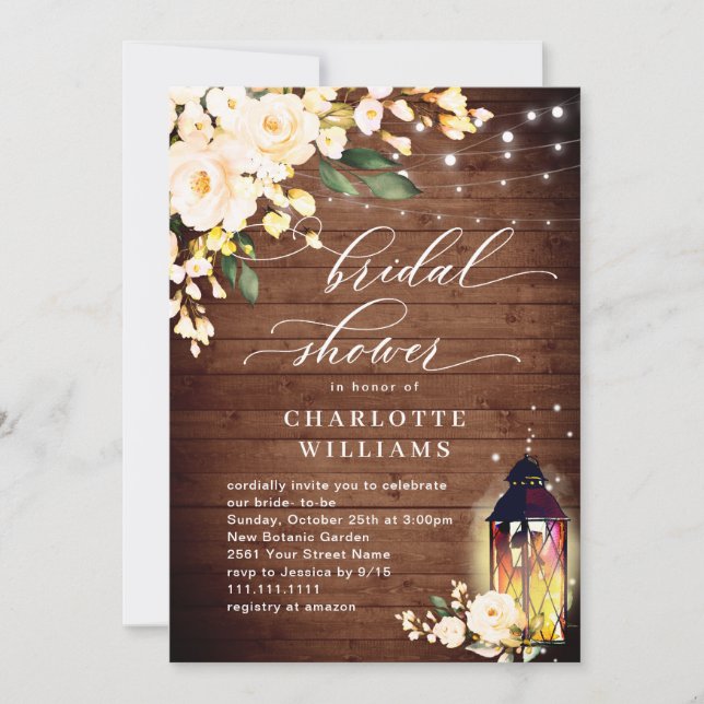 Blush Roses Rustic Wood Lantern Bridal Shower Invitation (Front)