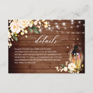 Blush Roses Rustic Wood Lantern Wedding Details Enclosure Card