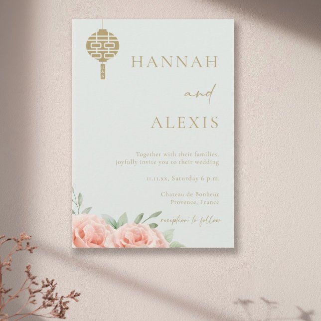 Blush Roses Sage Green Double Happiness Monogram Invitation (Creator Uploaded)
