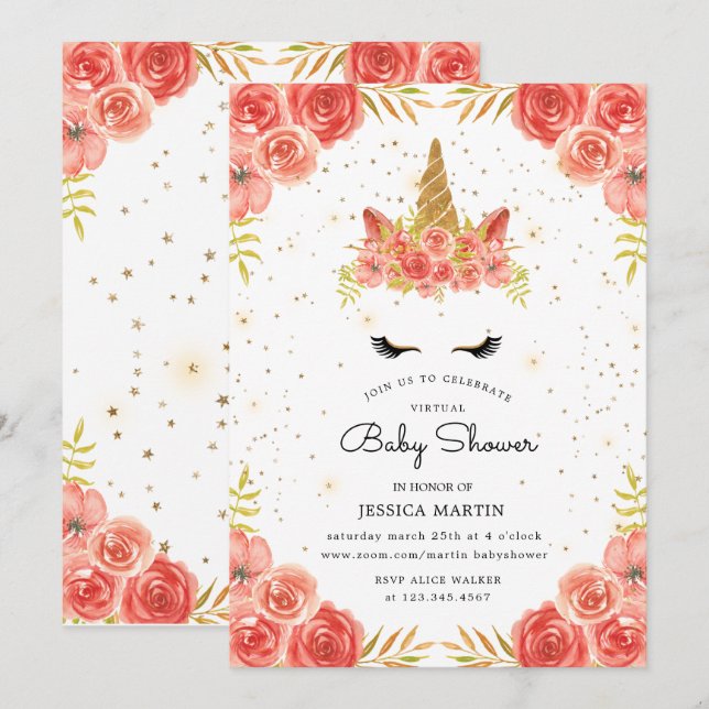 blush roses sleepy unicorn virtual baby shower invitation (Front/Back)
