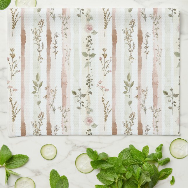 Blush Roses Stripes Floral Tea Towel (Folded)