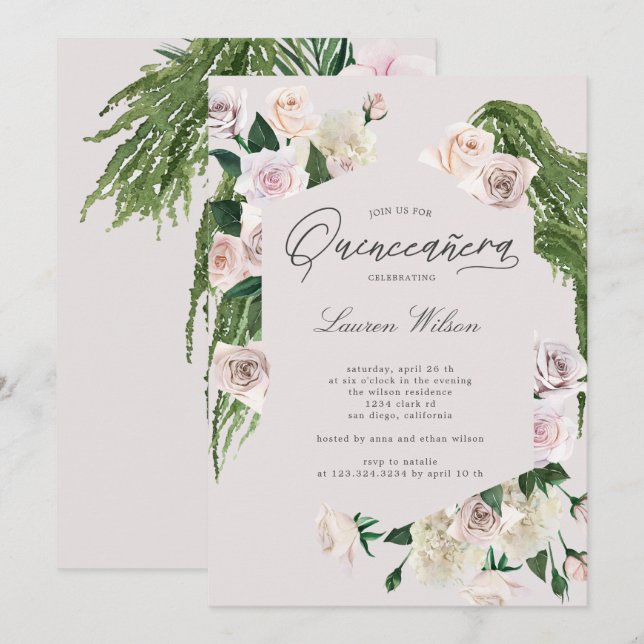 blush roses tropical floral Quinceanera Invitation (Front/Back)