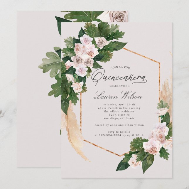 blush roses tropical floral Quinceanera Invitation (Front/Back)