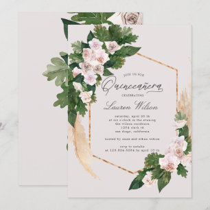 blush roses tropical floral Quinceanera Invitation
