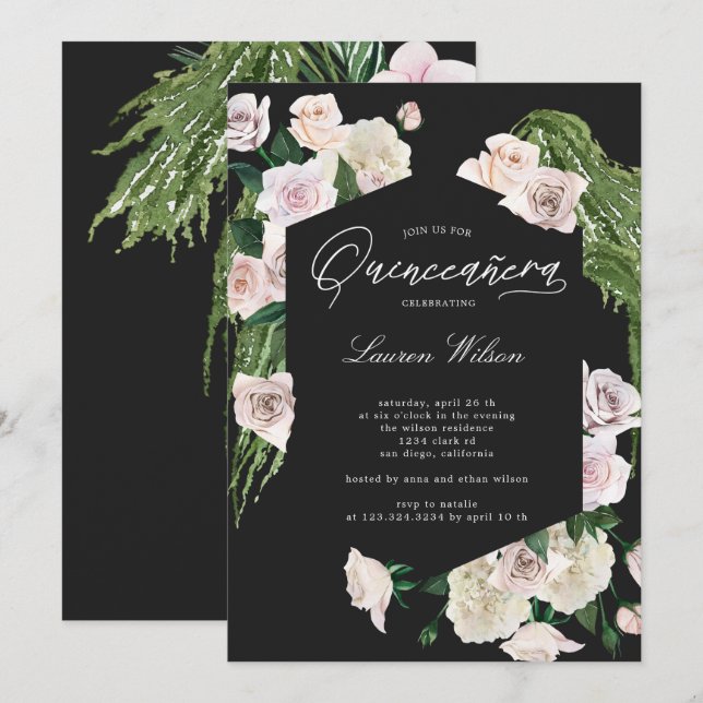 blush roses tropical floral Quinceanera Invitation (Front/Back)