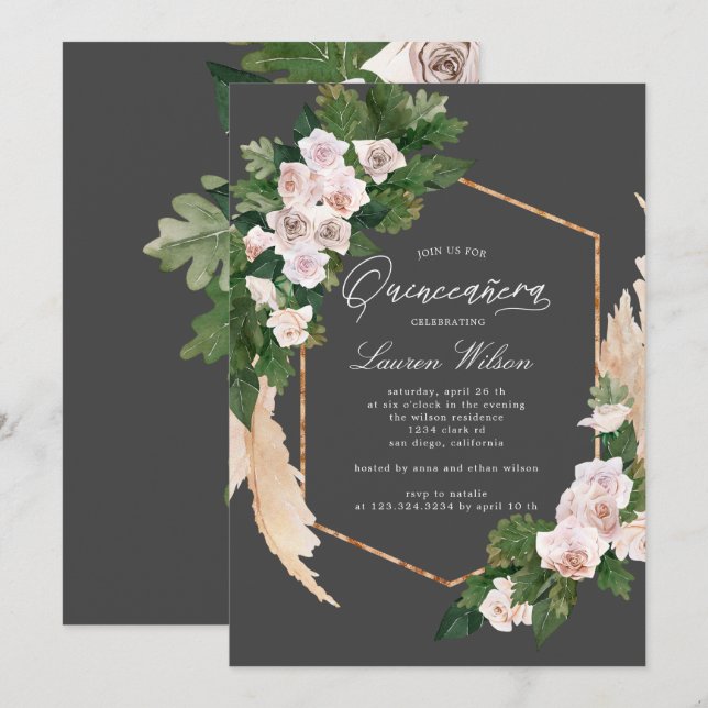 blush roses tropical floral Quinceanera Invitation (Front/Back)