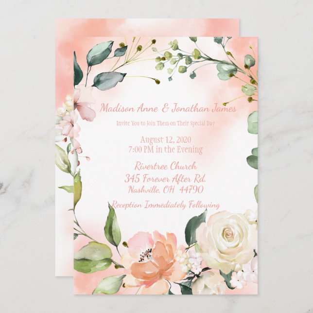 Blush Roses Watercolor Elegant Script Wedding Invitation (Front/Back)