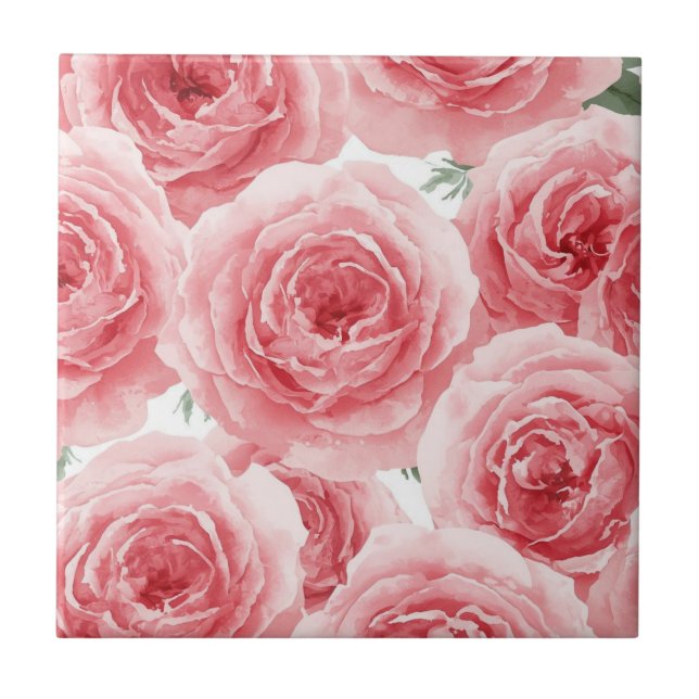 Blush Roses Watercolor Floral Pink Petal Pattern Tile (Front)