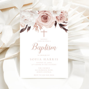 Blush Roses & White Flowers Baptism Invitation