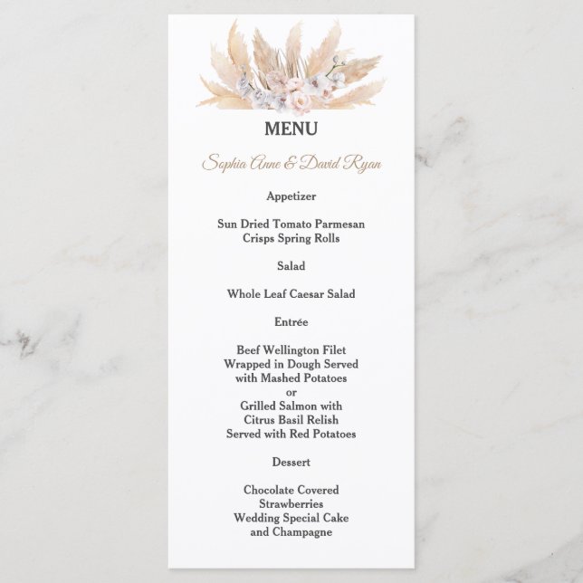 Blush Roses White Orchid Pampas Grass Wedding Menu (Front)
