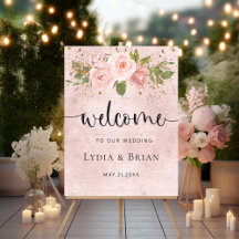 Blush Roses with Gold Wedding Welcome Sign