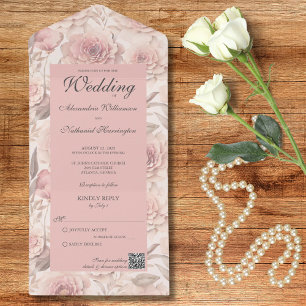 Blush Roses with QR Code  All In One Invitation