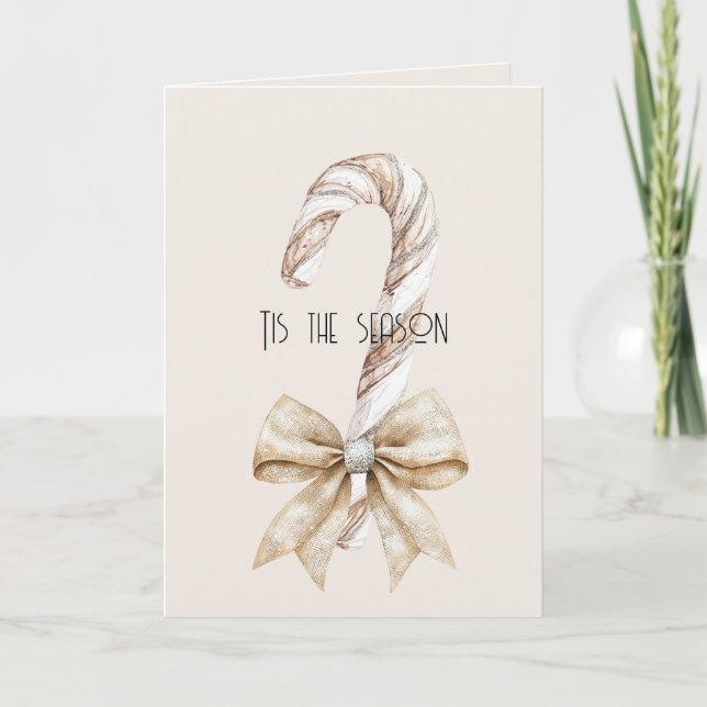 Blush Rustic Christmas Candy Cane Cream Silver Bow Card (Front)