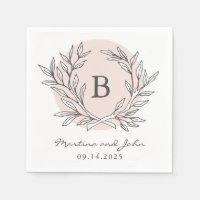 Blush Rustic Monogram Wreath Paper Cocktail Napkin