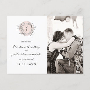 Blush Rustic Monogram Wreath Save the Date Announcement Postcard