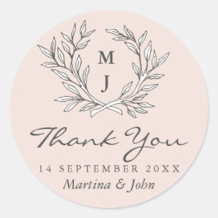 Blush Rustic Monogram Wreath Thank You Classic Round Sticker