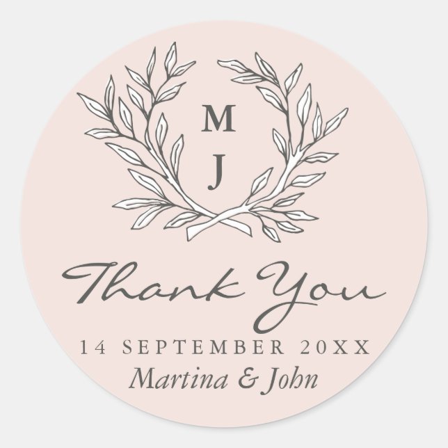 Blush Rustic Monogram Wreath Thank You Classic Round Sticker (Front)