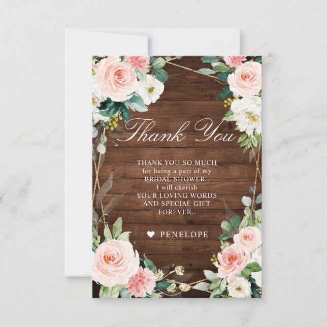 Blush Rustic Wood  Botanical Bridal Shower Thank You Card (Front)