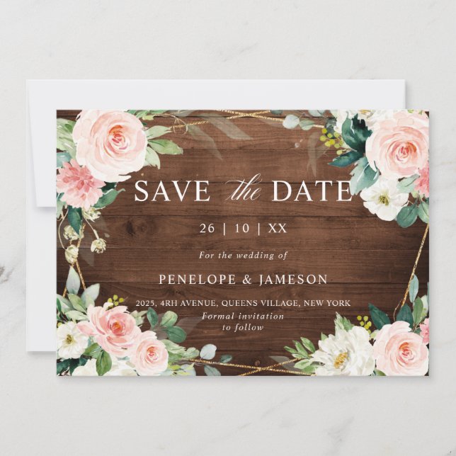 Blush Rustic Wood Floral Geometric Botanical Save The Date (Front)