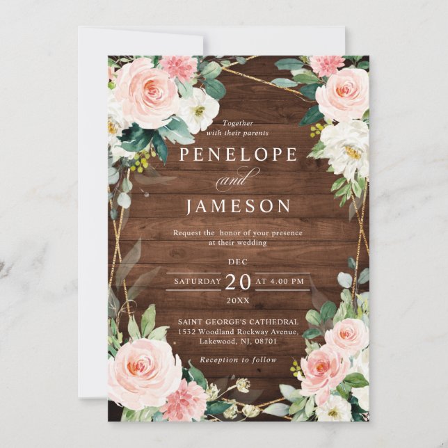 Blush Rustic Wood Geometric Botanical Wedding Invitation (Front)