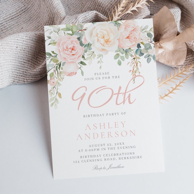 Blush & Sage Elegant Floral 90 Birthday Party Invitation (Creator Uploaded)
