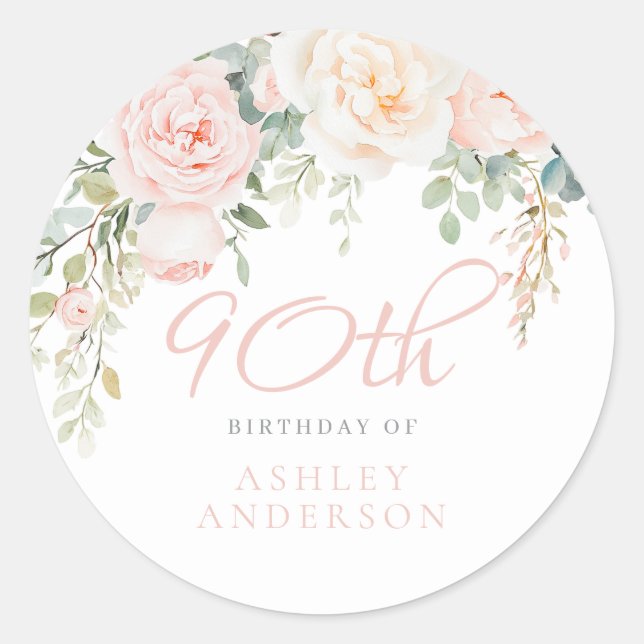 Blush & Sage Elegant Flowers 90th Birthday Party Classic Round Sticker (Front)