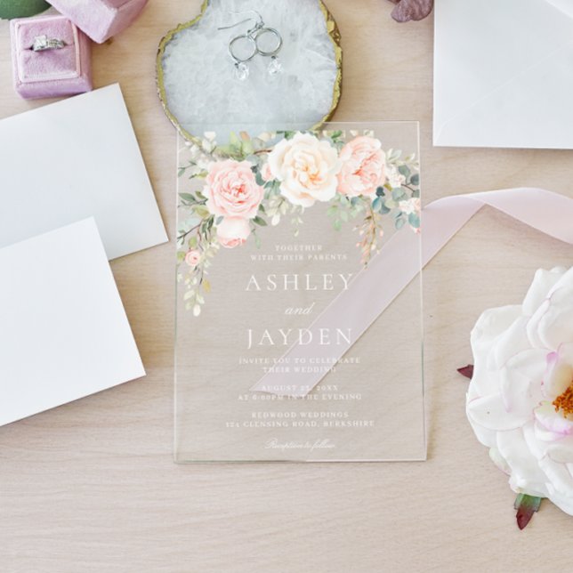 Blush & Sage Floral Watercolor Wedding Acrylic Invitations (Creator Uploaded)