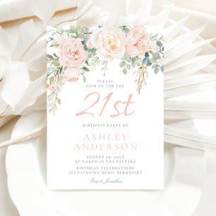 Blush & Sage Flowers Girls 21st Birthday Party Invitation