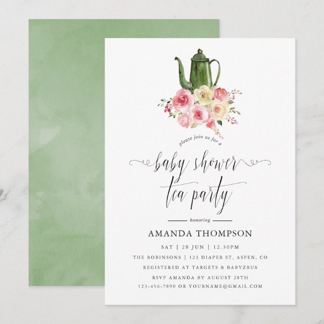 Blush & Sage Green Floral Baby Shower Tea Party Invitation (Front/Back)