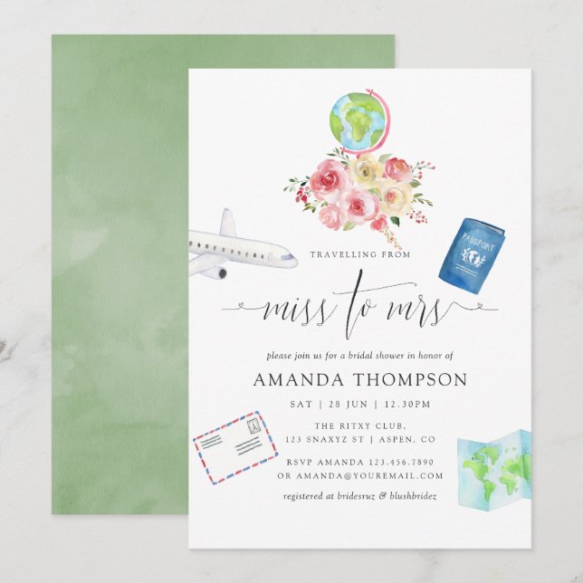 Blush & Sage Green Floral Miss - Mrs Bridal Shower Invitation (Front/Back)