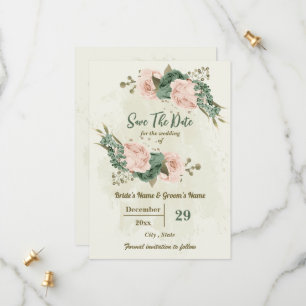 Blush & sage green flowers botanical wedding save the date