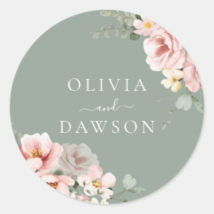 Blush & Sage Green Modern Wedding Classic Round Sticker