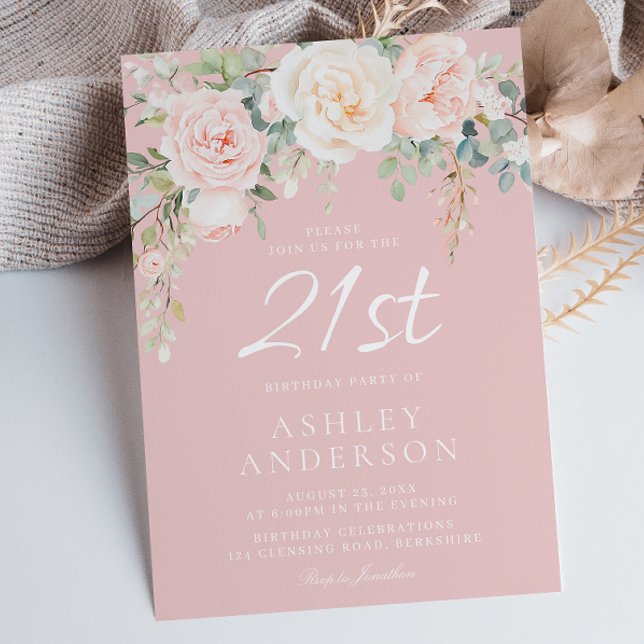Blush & Sage Modern Girls 21st  Birthday Party Invitation (Creator Uploaded)
