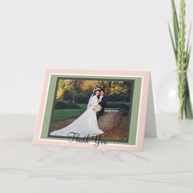 Blush Sage Monogram Wedding Photo Thank You Card (Front)