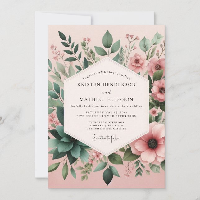 Blush Sage Succulent Bloom Wedding Invitation (Front)