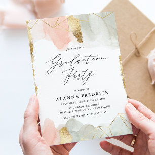 Blush & Sage Watercolor Gold Geometric Graduation Invitation