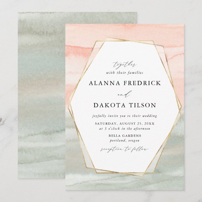 Blush & Sage Watercolor Gold Geometric Wedding Invitation (Front/Back)