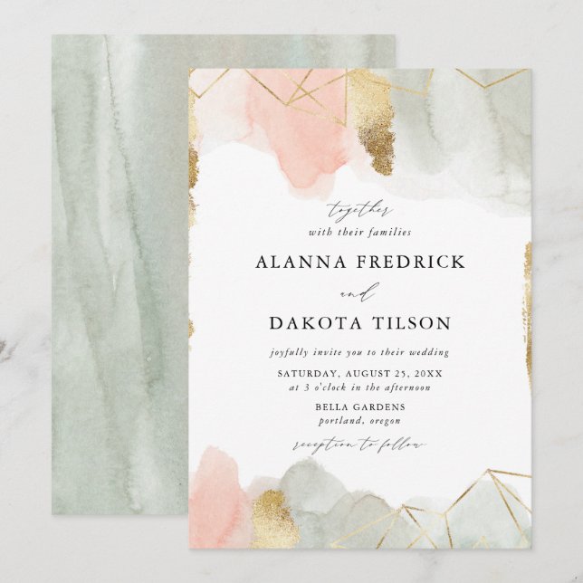 Blush & Sage Watercolor Gold Geometric Wedding Invitation (Front/Back)